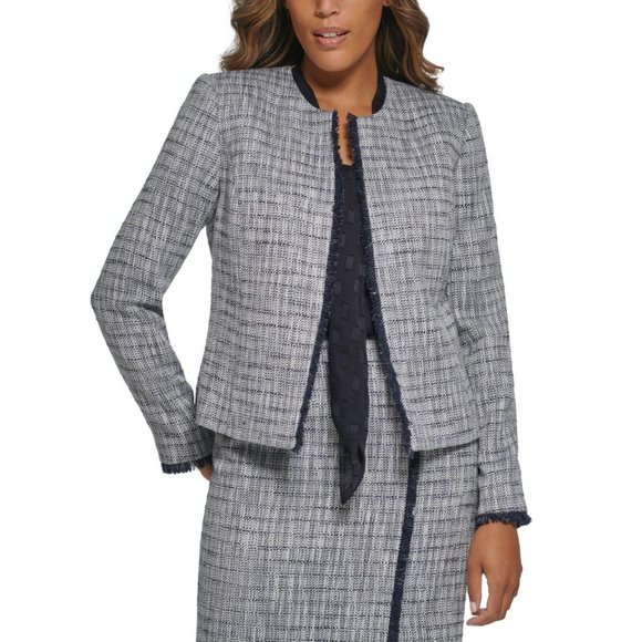 NWT Calvin Klein Womens Open Front Tweed Jacket T25JF202 2P Navy Multi Blue - Picture 1 of 3